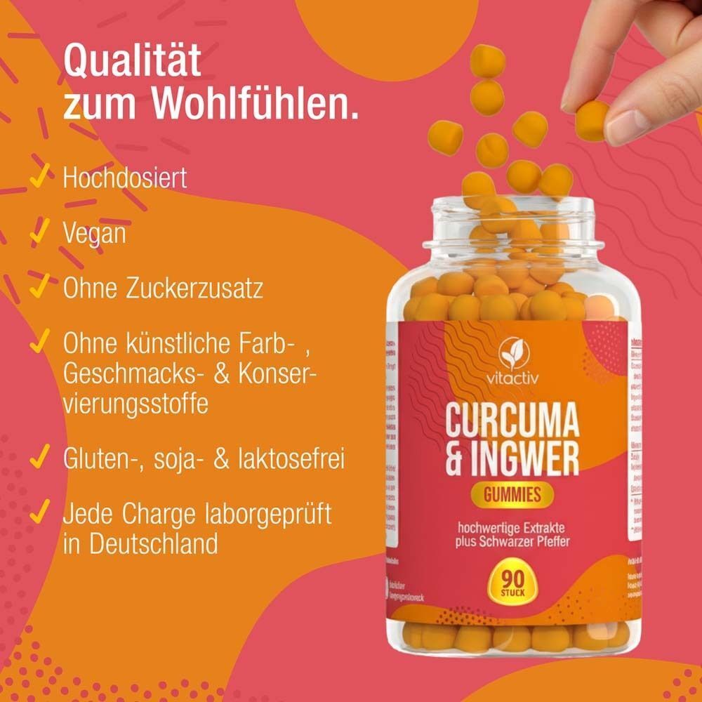 Flasche CURCUMA & INGWER Gummies, vegan und zuckerfrei.