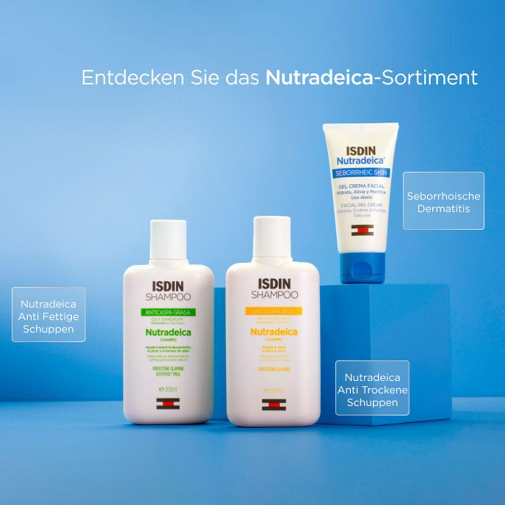 ISDIN Nutradeica Shampoo und Gesichtscreme in verschiedenen Varianten.