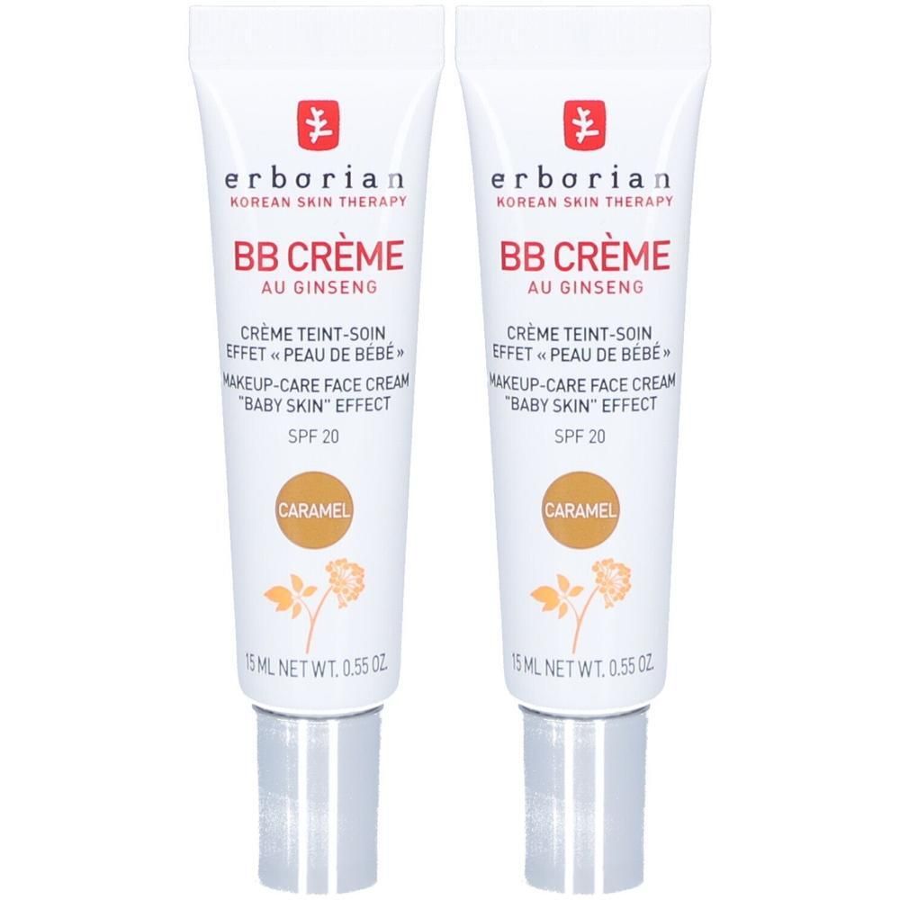 Zwei Tuben Erborian BB Crème Caramel mit SPF 20. Jede Tube enthält 15 ml.