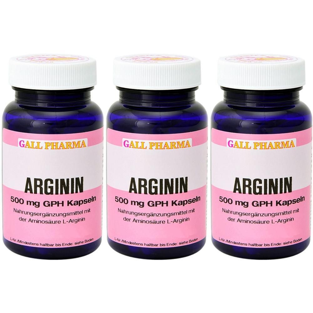 Drei Flaschen Arginin 500 mg GPH Kapseln, Nahrungsergänzungsmittel mit L-Arginin.