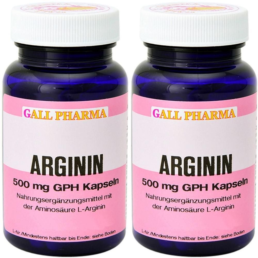 Zwei Flaschen Arginin 500 mg GPH Kapseln von Gall Pharma. Dunkelblaue Behälter mit rosa Etiketten.