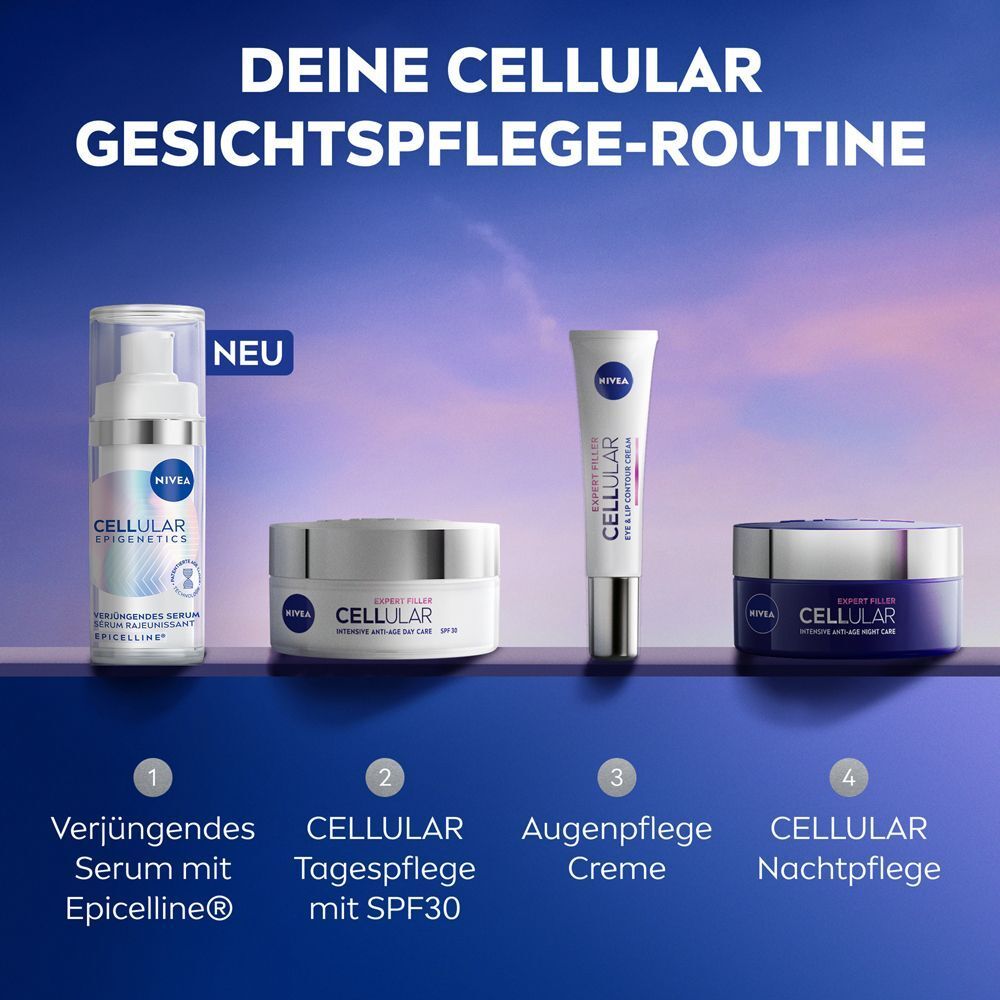 Übersicht der NIVEA CELLULAR Gesichtspflege-Routine: Serum, Tages-, Augen- und Nachtpflege.