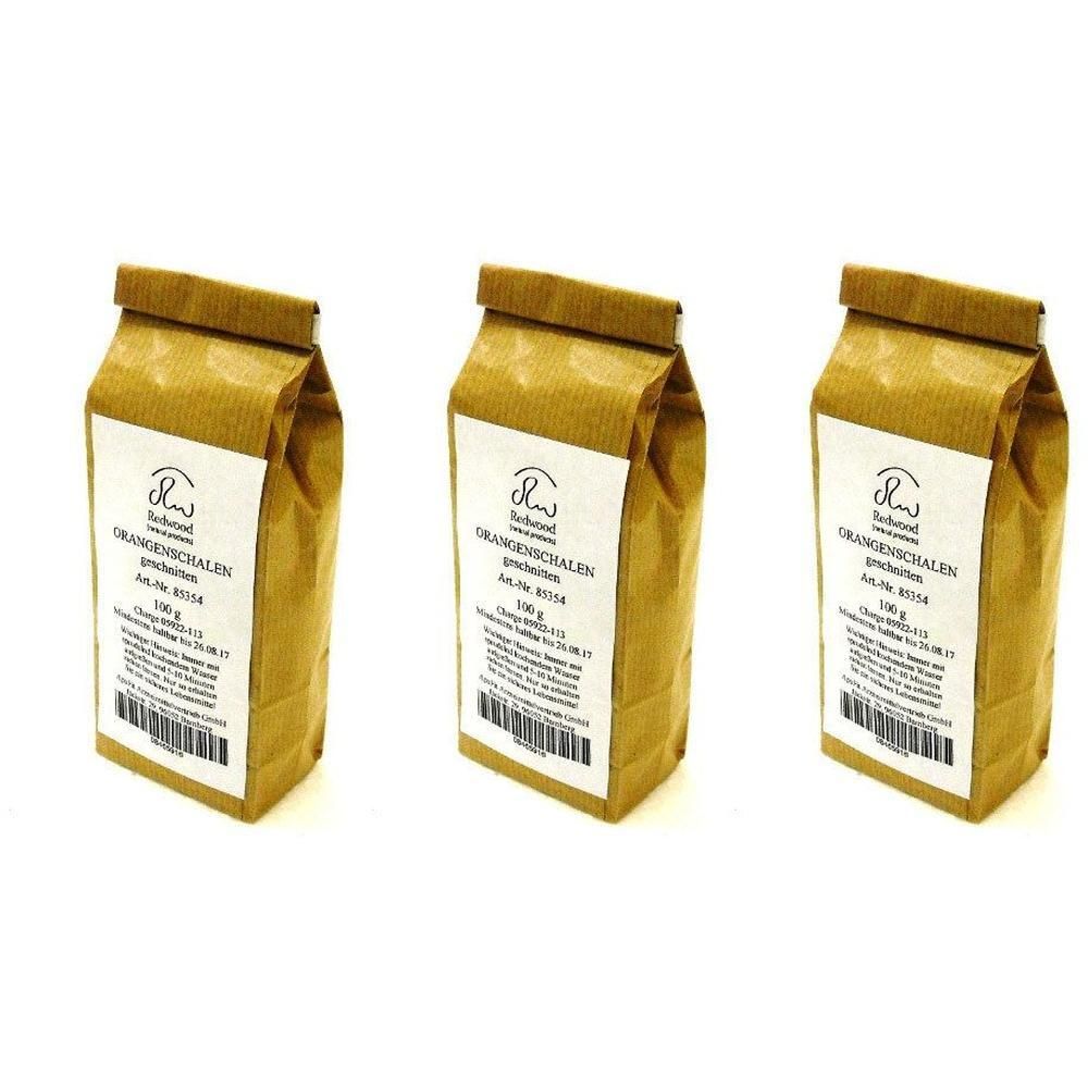Drei Packungen Orangenschalen geschnitten, je 100g, in braunen Papiertüten mit weißem Etikett.