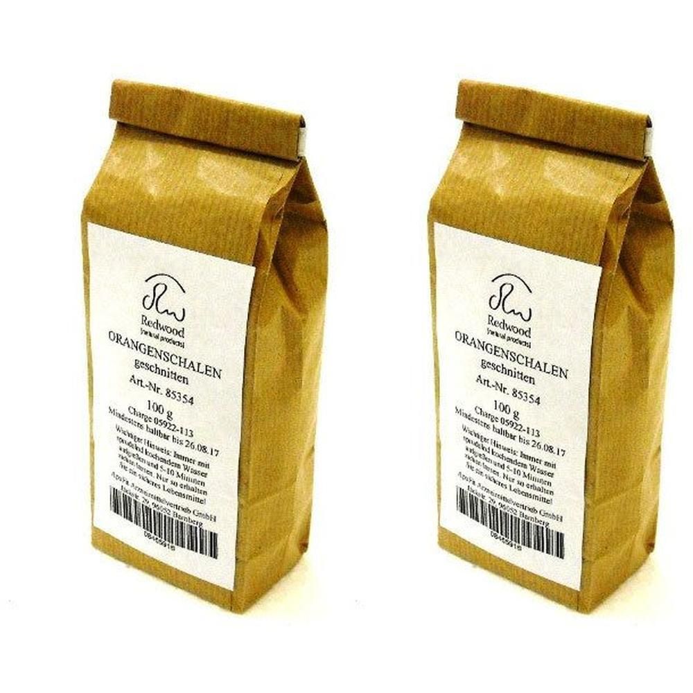 Zwei Packungen geschnittene Orangenschalen, jeweils 100g, mit Etikett und Barcode.