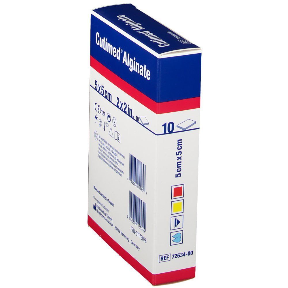 Seitenansicht der Cutimed Alginate Verpackung mit Größenangabe und Symbolen.