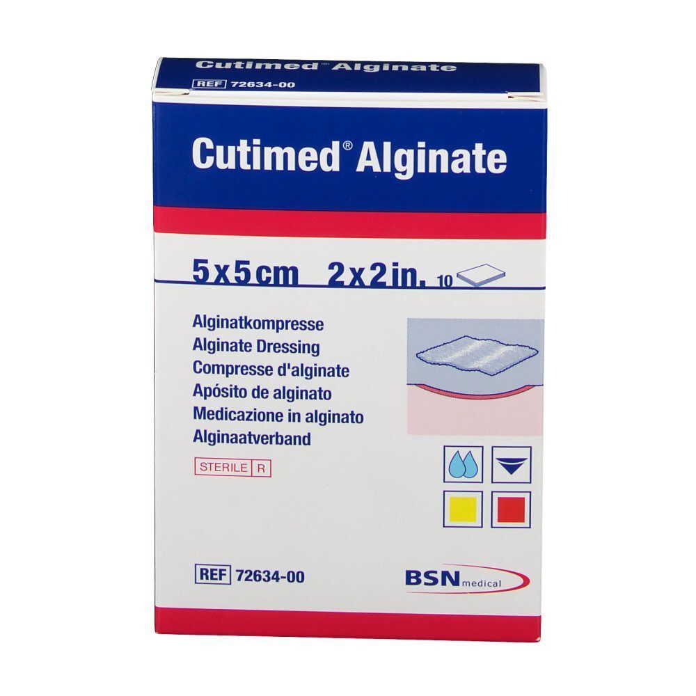 Vorderseite der Cutimed Alginate Verpackung, 5x5cm, 10 sterile Kompressen.