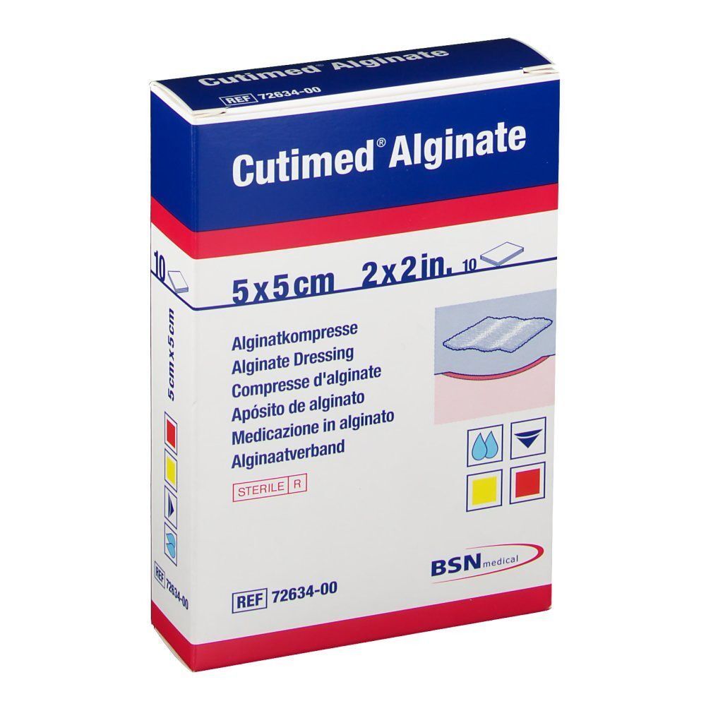 Eine Schachtel Cutimed Alginate 5x5cm, 10 Stück, sterile Kompressen.