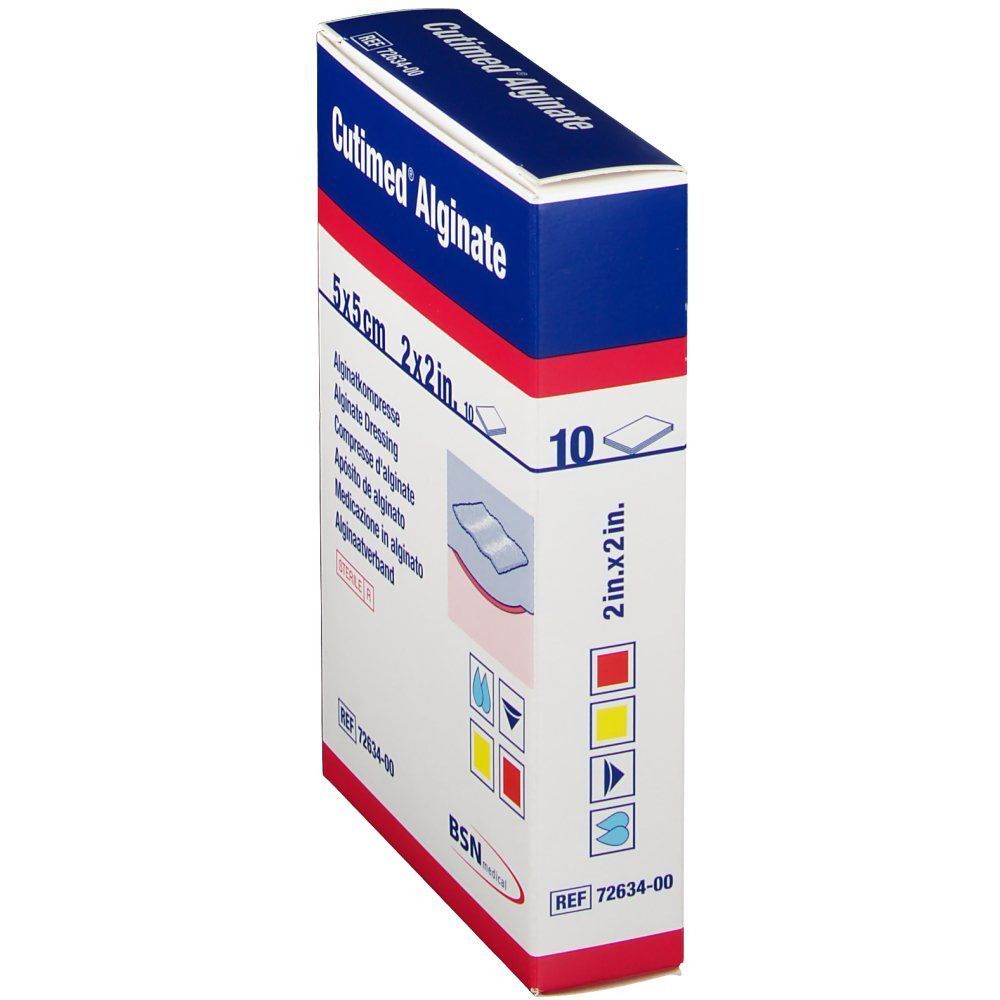 Seitenansicht einer Schachtel Cutimed Alginate 5x5cm, 10 sterile Kompressen.