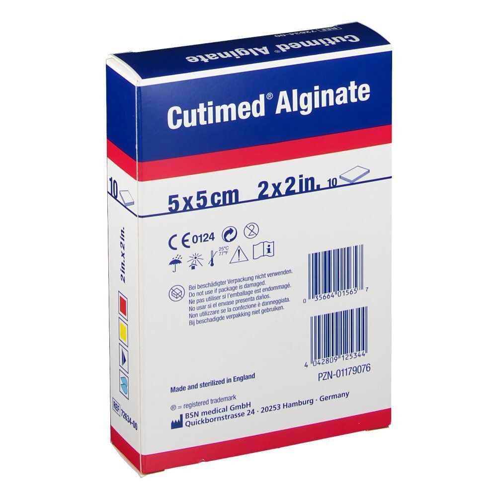Rückseite einer Schachtel Cutimed Alginate 5x5cm, 10 sterile Kompressen, mit Barcode.
