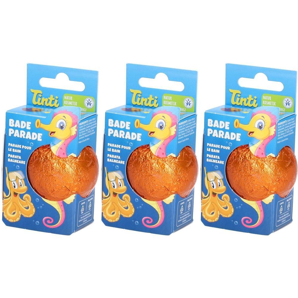 Drei Packungen Tinti Bade Parade mit Seepferdchen-Motiv. Jede Packung enthält ein orangefarbenes, glänzendes Badezusatz-Ei.