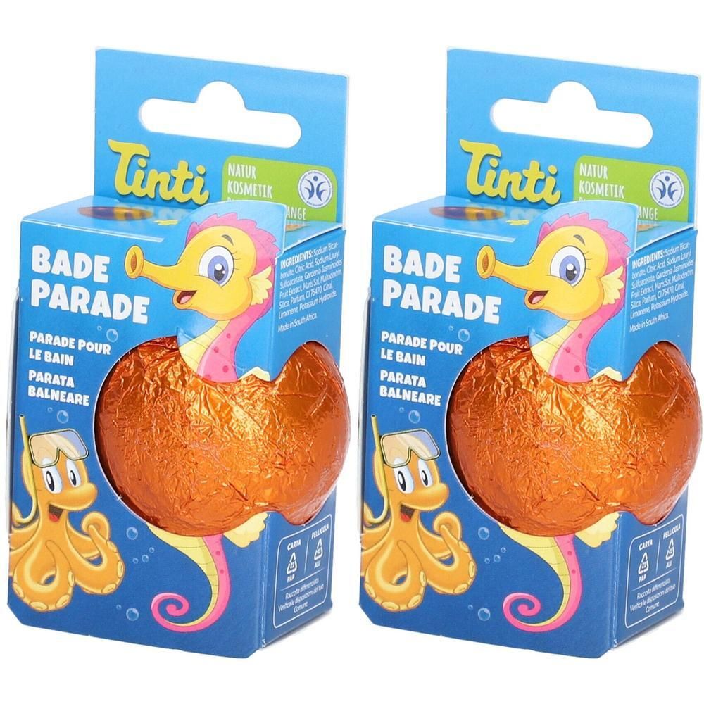 Zwei Tinti Bade Parade Produkte mit Seepferdchen- und Oktopus-Motiv, orangefarben verpackt.