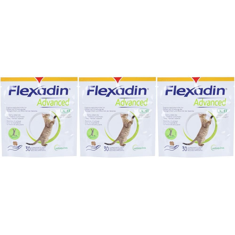 Drei Packungen Flexadin Advanced für Katzen mit jeweils 30 Chews. Abbildung einer Katze und eines Chews.