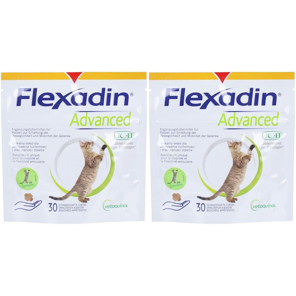 Zwei Packungen Flexadin Advanced Chews für Katzen, jeweils mit 30 Stück.