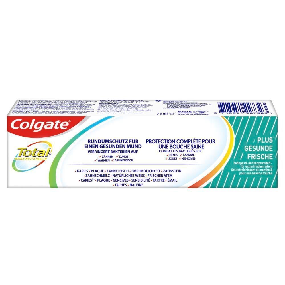 Rückseite der Colgate Total Plus gesunde Frische Zahnpasta-Verpackung mit Rundumschutz für einen gesunden Mund.