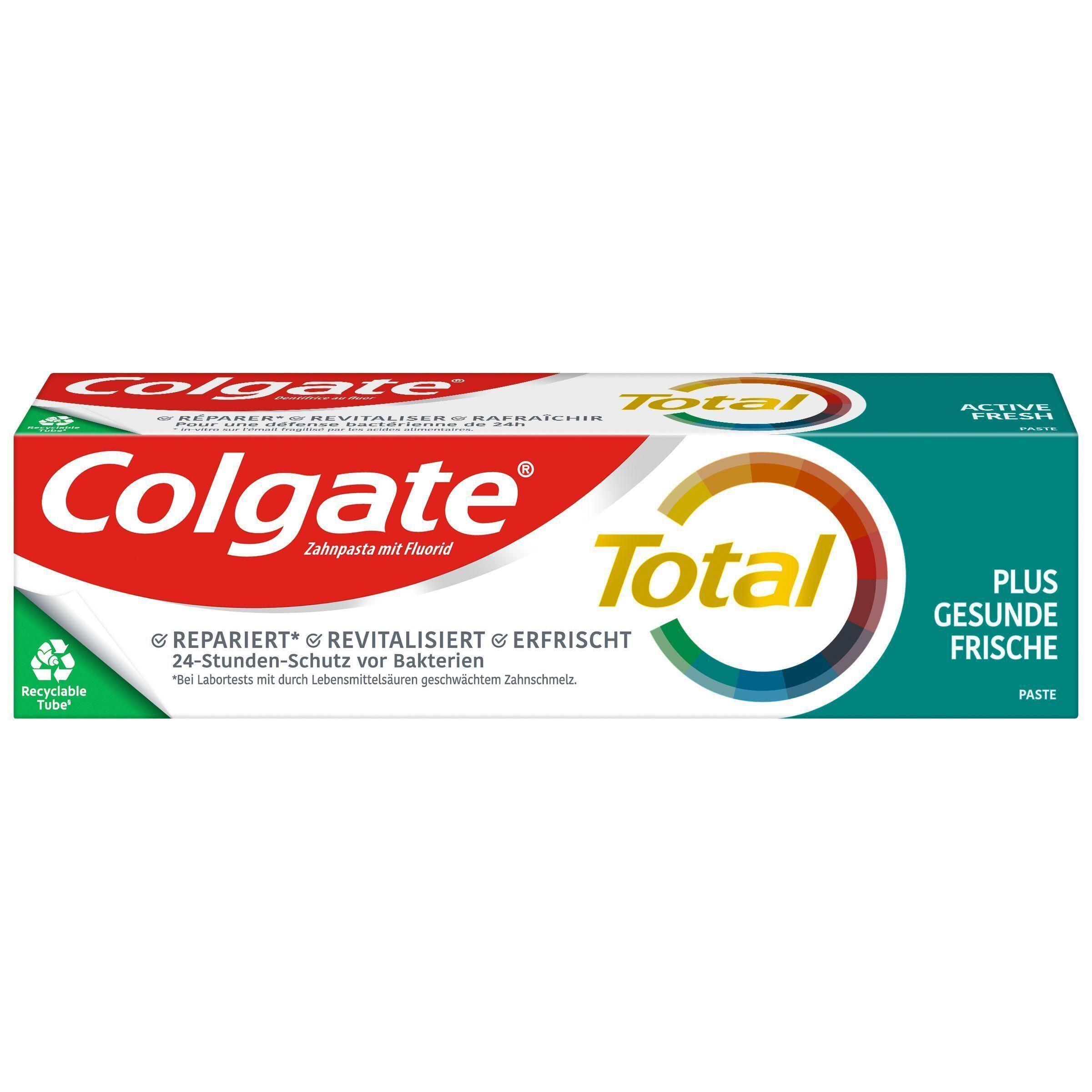 Colgate Total Plus gesunde Frische Zahnpasta-Verpackung mit Fluorid und 24-Stunden-Schutz vor Bakterien.