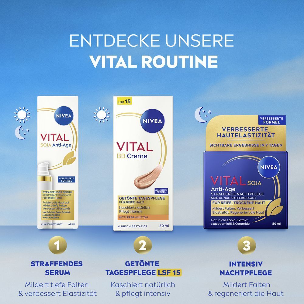 NIVEA VITAL Routine: Serum, Getönte Tagespflege LSF 15 und Nachtpflege.