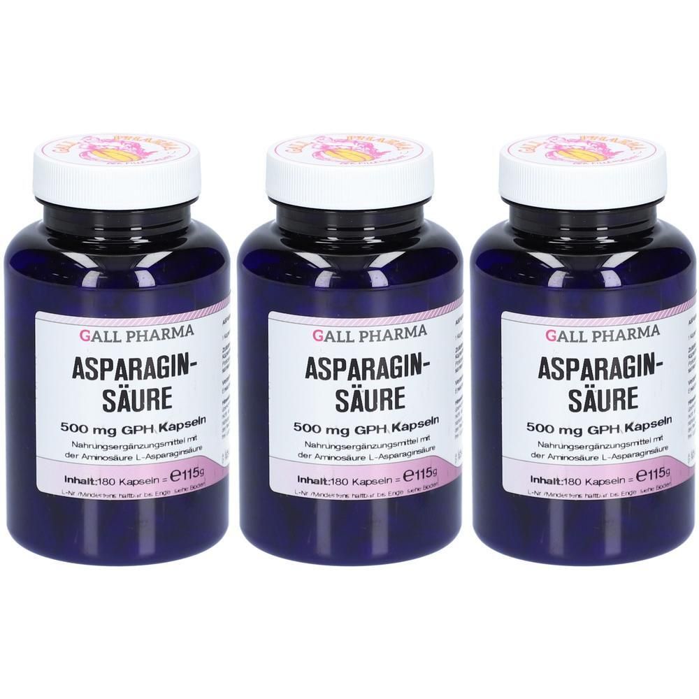 Drei Flaschen GALL PHARMA Asparaginsäure 500 mg GPH Kapseln. Dunkelblaue Behälter mit weißen Deckeln.