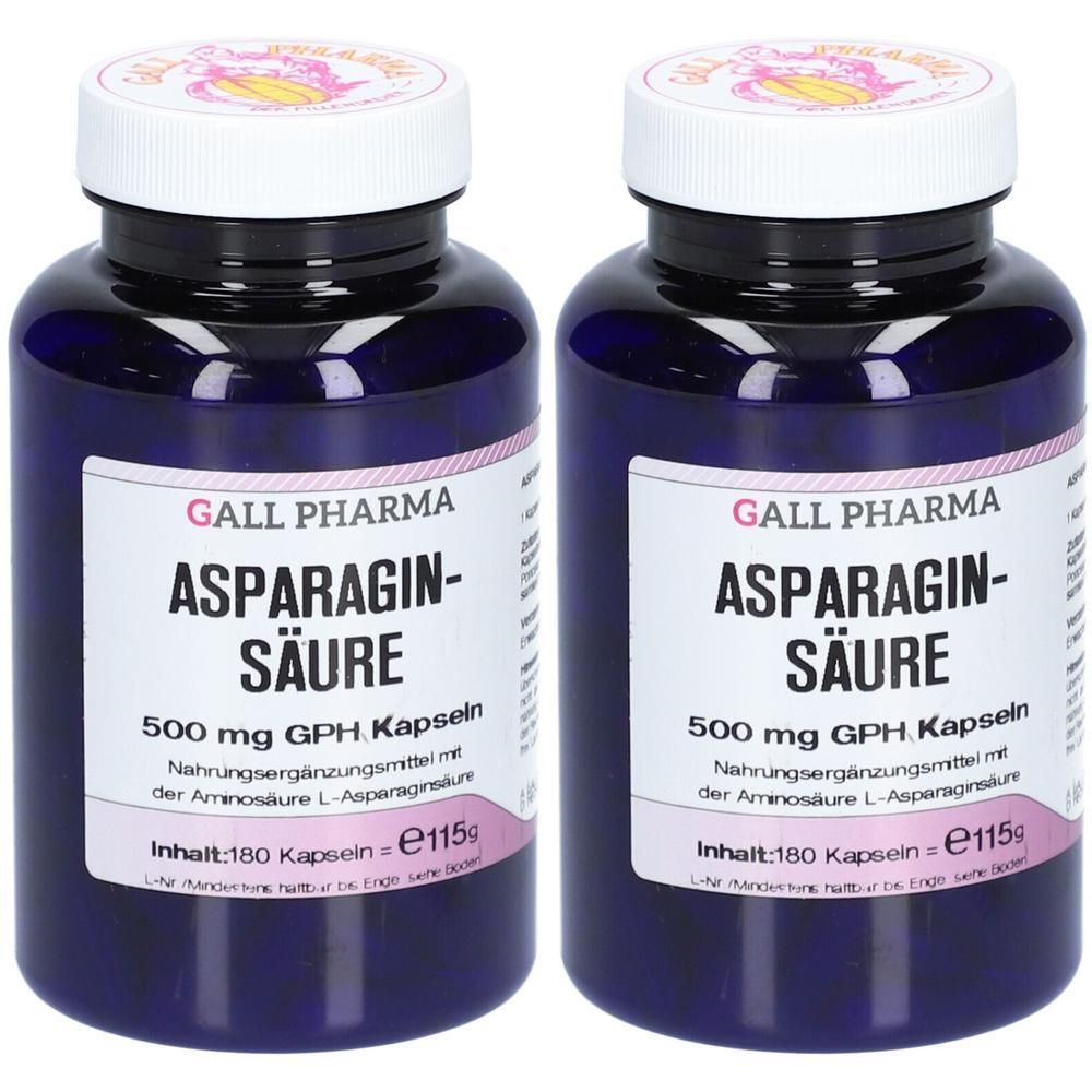 Zwei Flaschen Gall Pharma Asparaginsäure 500 mg GPH Kapseln. Inhalt: 180 Kapseln pro Flasche.
