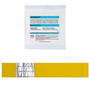 Verpackung und geöffneter aluderm® Quickverband groß mit silberner Wundauflage und gelbem Klebeband.