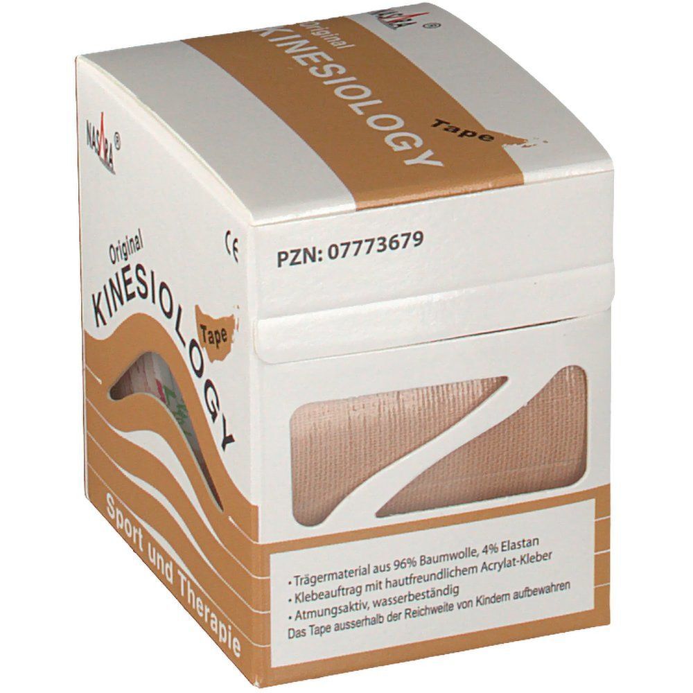 Eine Schachtel Kinesiologie Tape, beige. Nasara Original Kinesiologie Tape. Trägermaterial aus 96% Baumwolle, 4% Elastan.