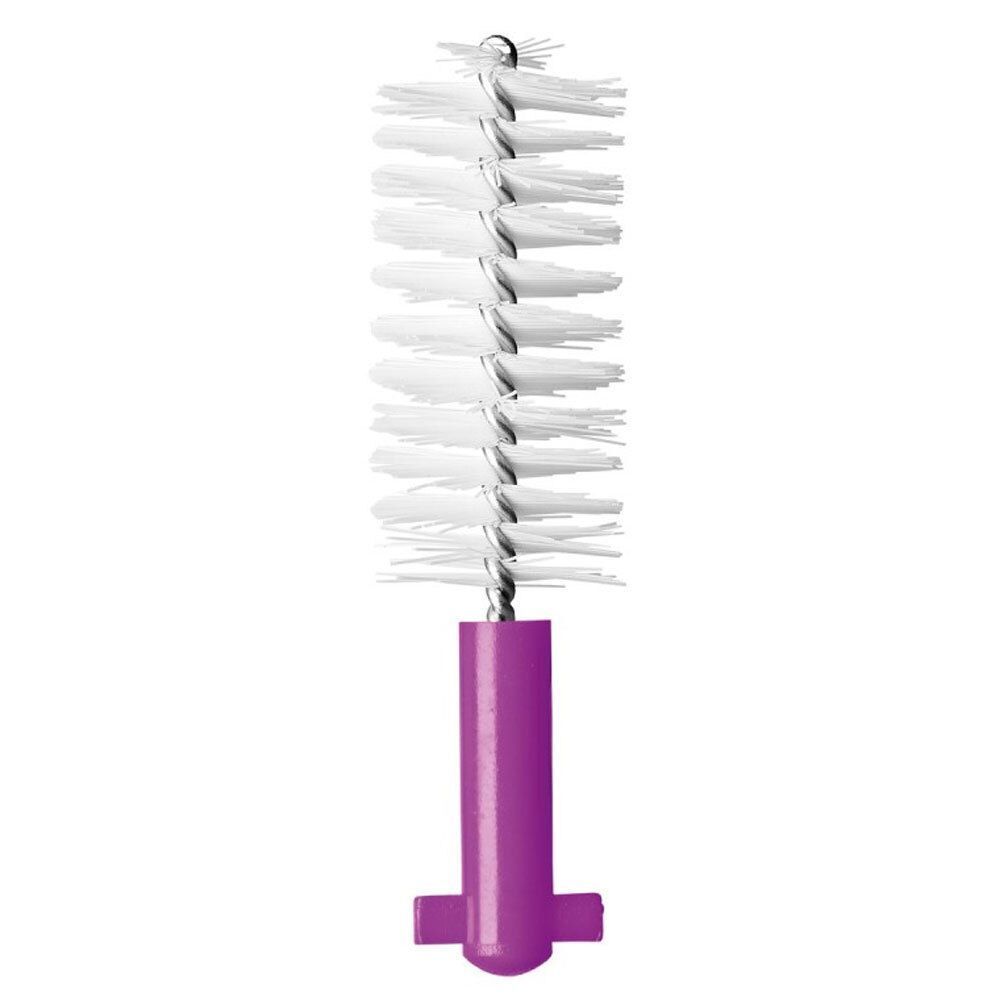 Eine einzelne Interdentalbürste mit lila Griff und weißem Bürstenkopf.