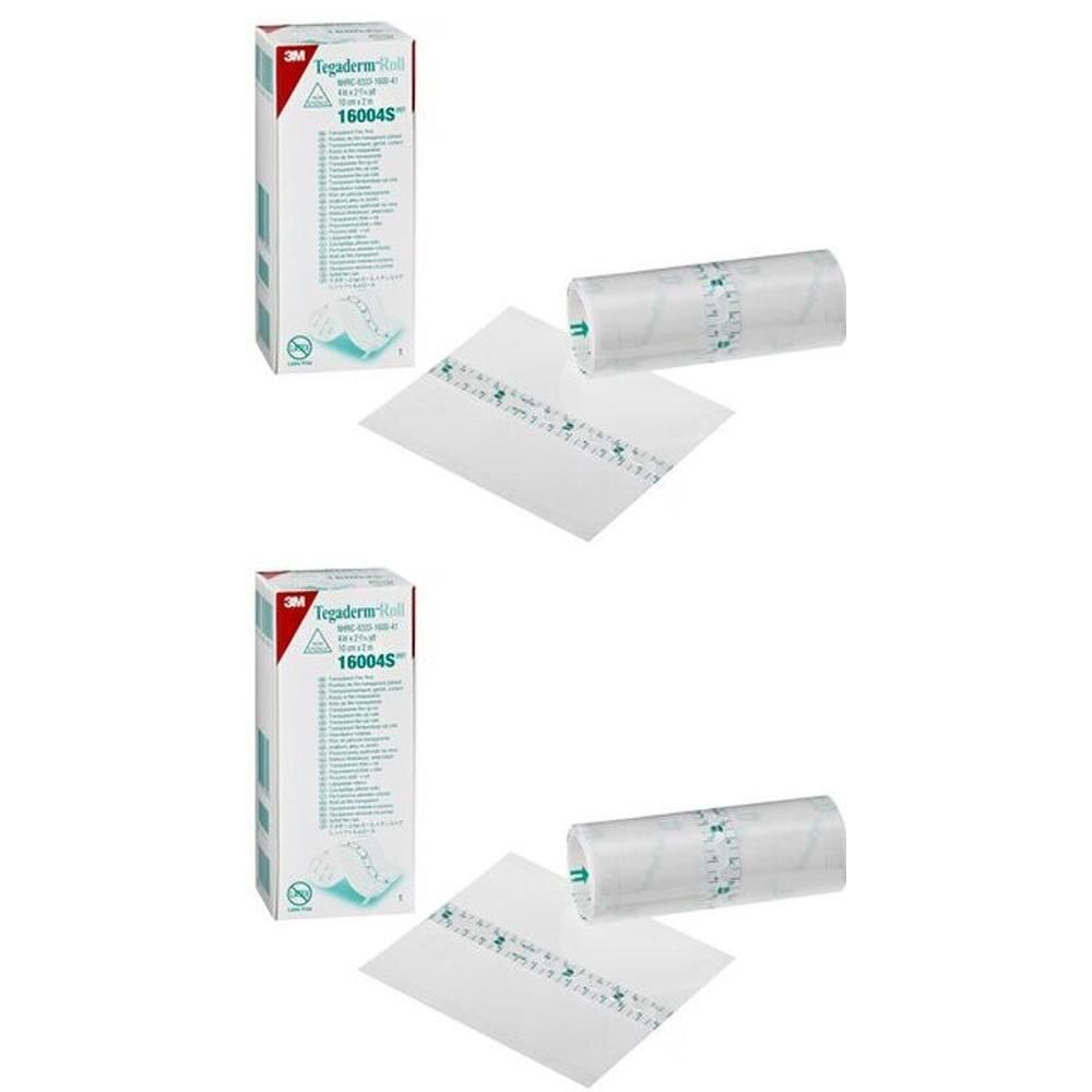 Zwei Packungen 3M Tegaderm Roll Verbandmaterial, transparent, mit Klebestreifen.