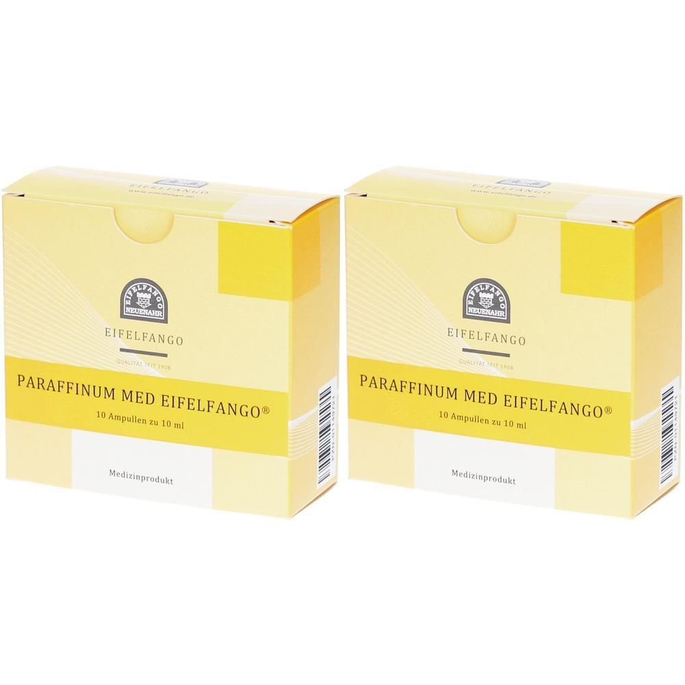 Zwei Schachteln PARAFFINUM MED EIFELFANGO, 10 Ampullen à 10 ml.