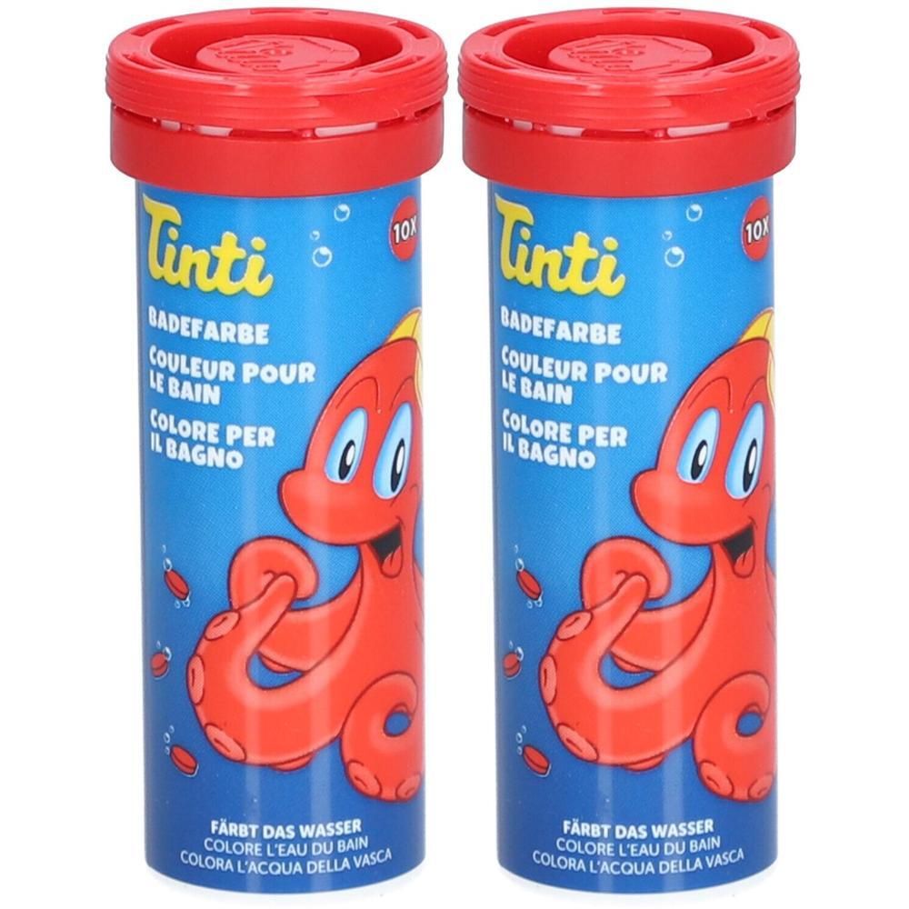 Zwei blaue Tuben mit rotem Aufdruck und einem roten Oktopus-Motiv. Für Badespaß.