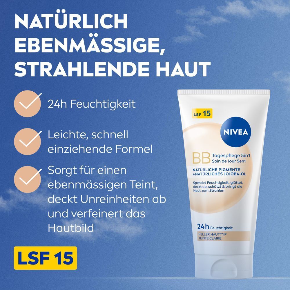 NIVEA 5in1 Tagespflege BB Hell mit LSF 15: 24h Feuchtigkeit, leichte Formel, ebenmäßiger Teint.