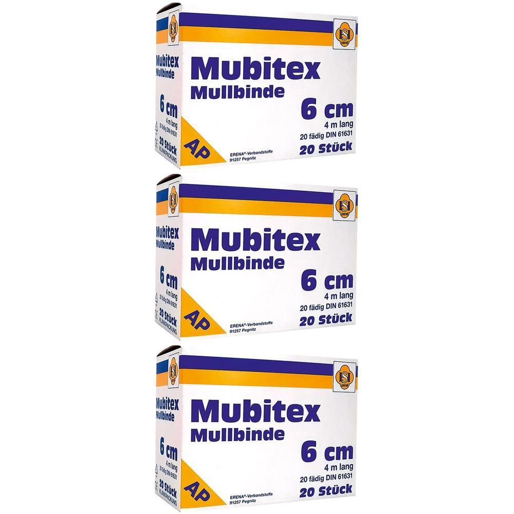 Drei Packungen Mullbinden, 6 cm breit, 4 m lang, 20 Stück pro Packung.