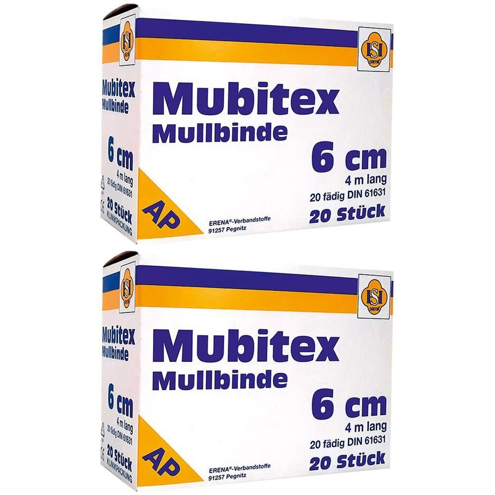 Zwei Packungen Mubitex Mullbinden, je 6 cm x 4 m, 20 Stück.