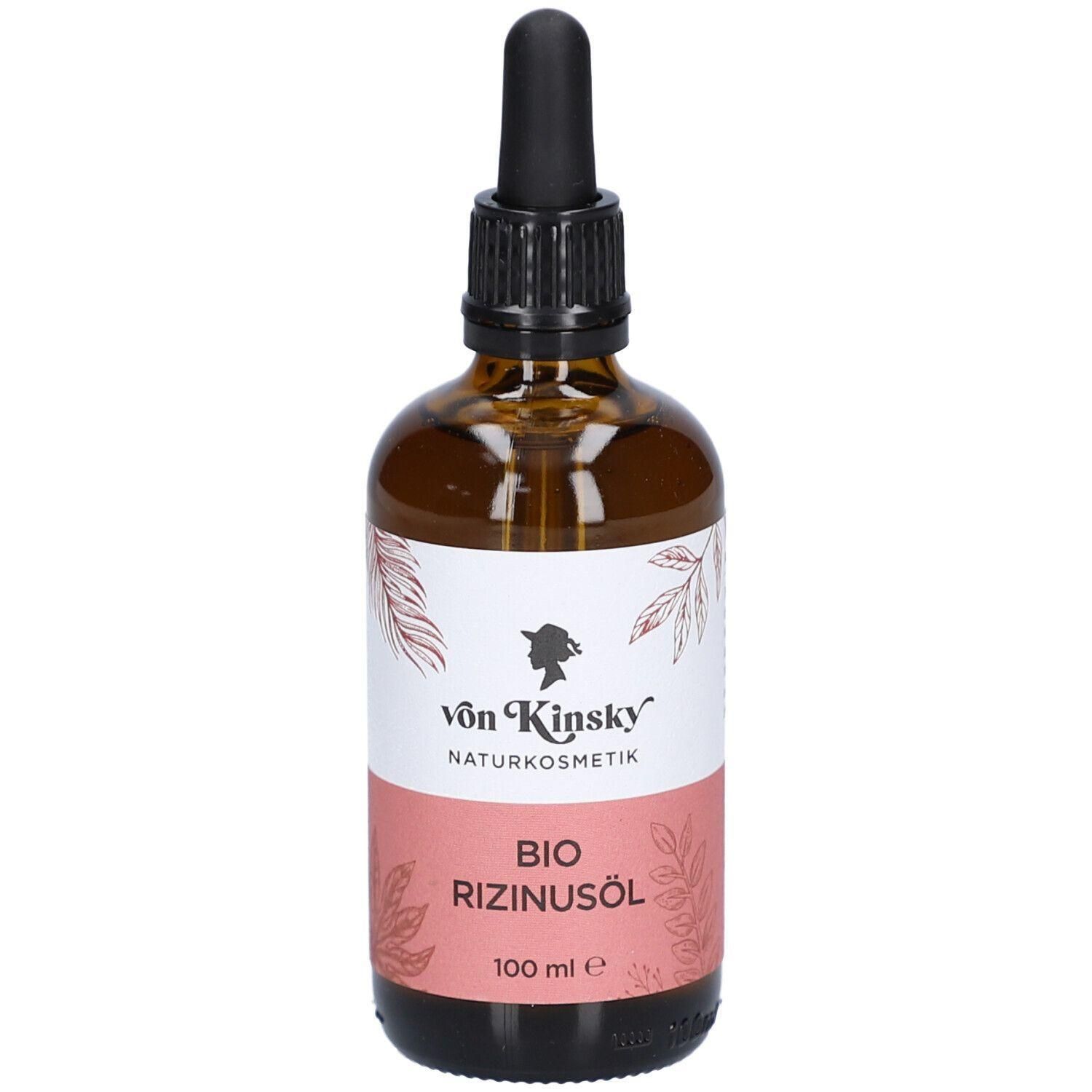 Braune Glasflasche mit Pipettenverschluss, Etikett mit "von Kinsky Naturkosmetik BIO RIZINUSÖL 100 ml".