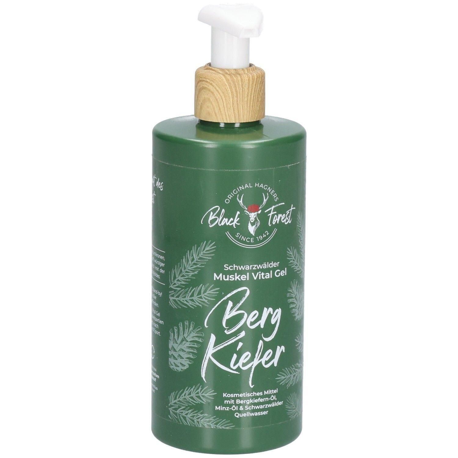 Grüne Flasche mit Pumpspender und Holzimitat-Deckel. Schwarzwald Muskel Vital Gel Bergkiefer.