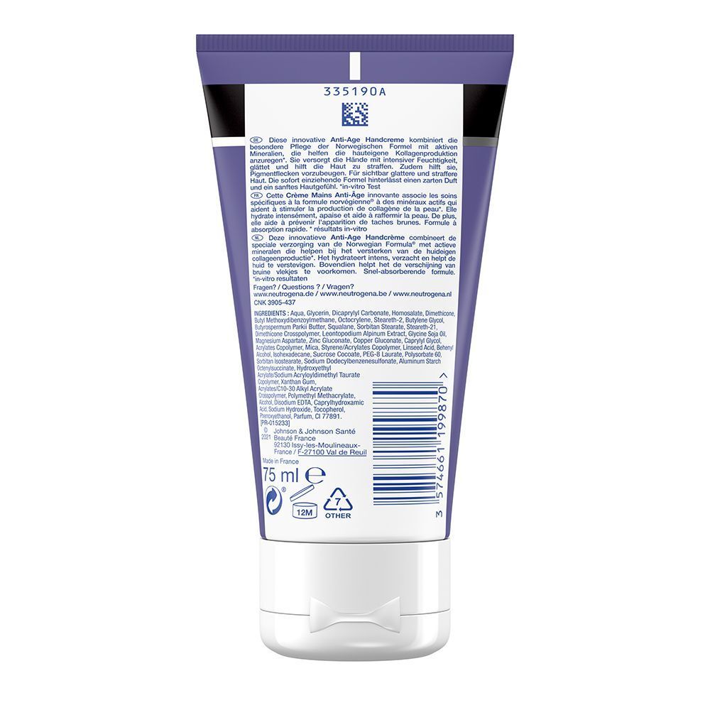 Rückseite einer Tube Neutrogena Anti-Age Handcreme, 75 ml, mit Inhaltsstoffen und Barcode.