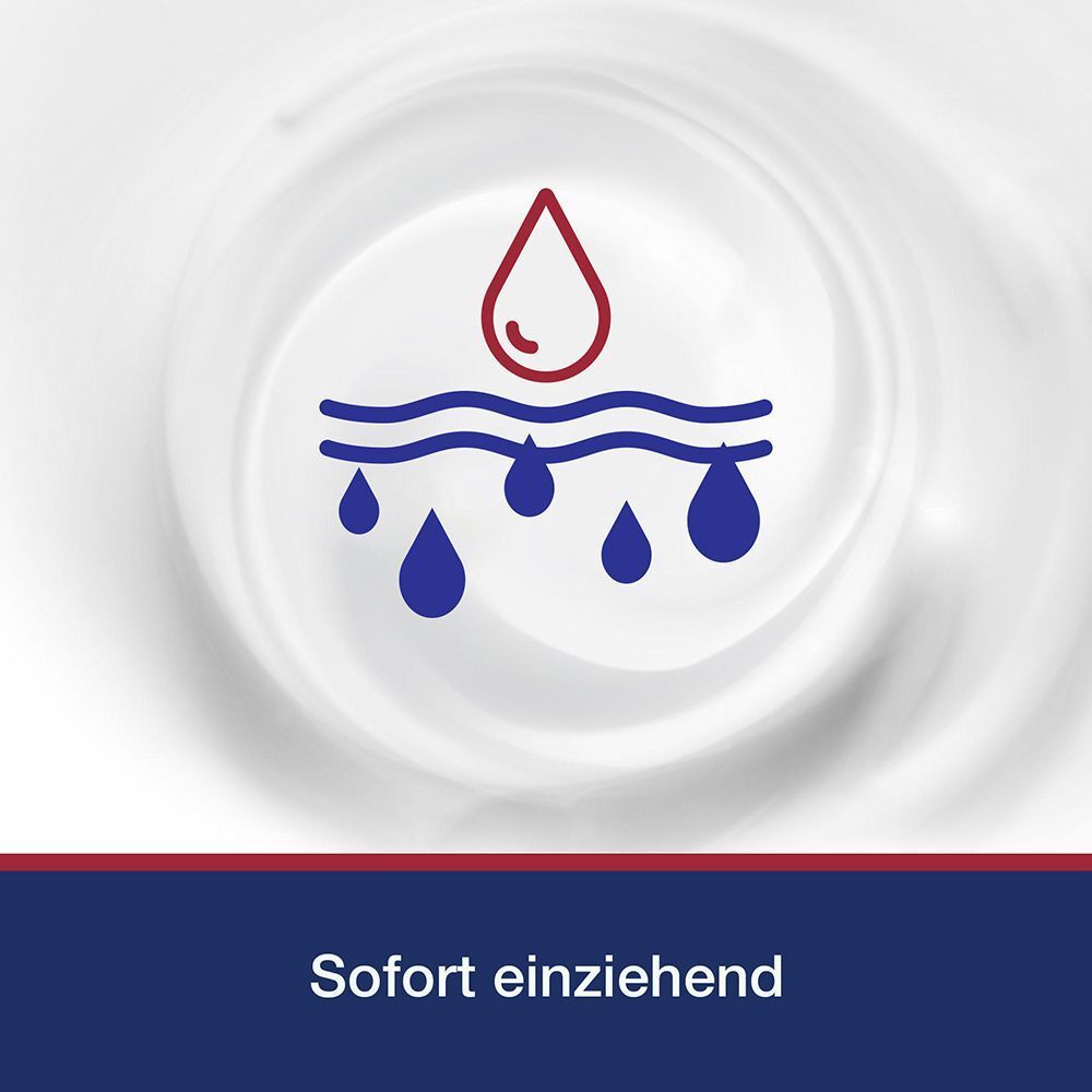 Symbol für sofort einziehende Handcreme mit Tropfen auf Haut.