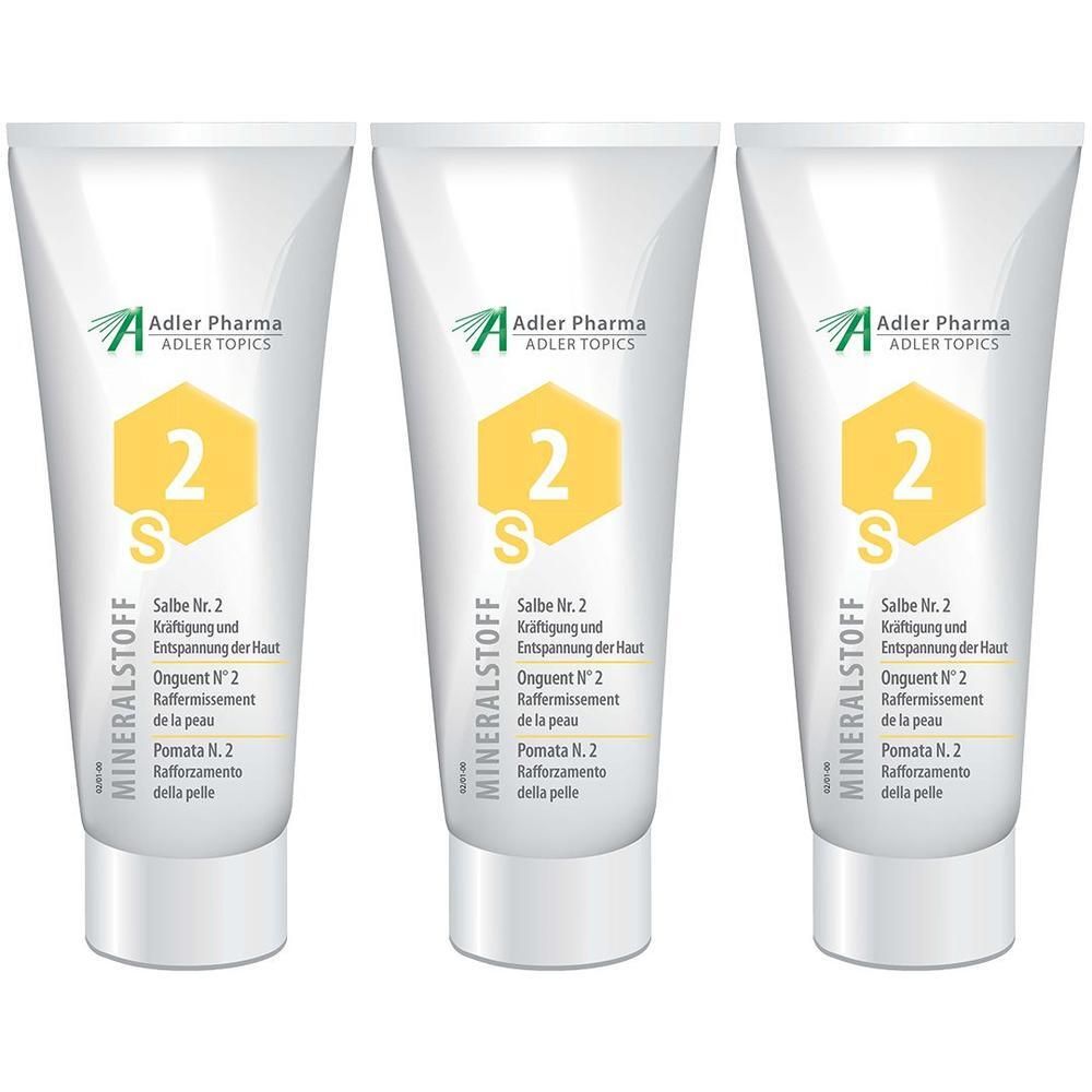 Drei Tuben MINERALSTOFF Salbe Nr. 2 von Adler Pharma mit gelbem Sechseck-Logo und der Zahl 2.