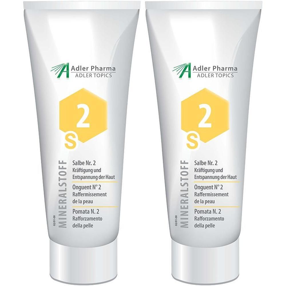 Zwei Tuben Mineralstoff Salbe Nr. 2 von Adler Pharma mit gelbem Sechseck-Symbol und der Zahl 2.