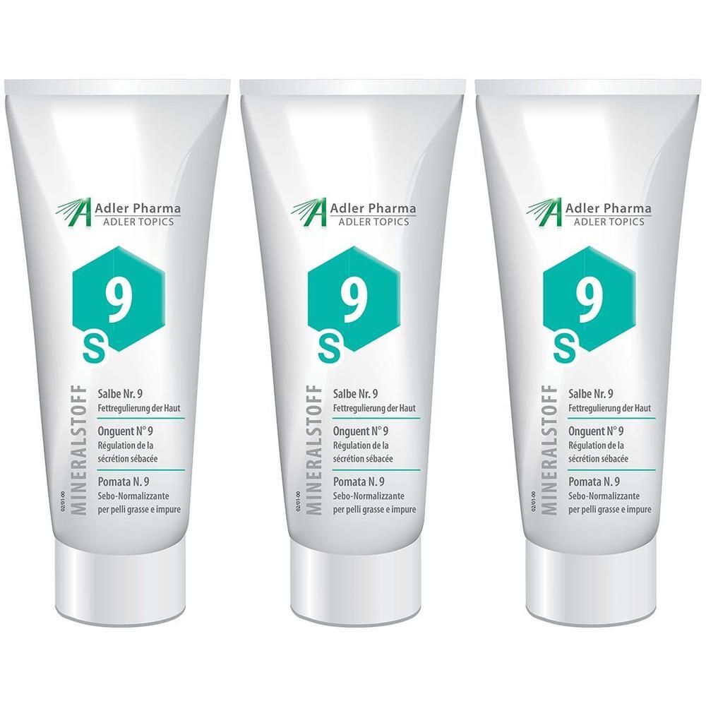 Drei Tuben MINERALSTOFF Salbe Nr. 9 von Adler Pharma mit Logo und Produktinformationen.