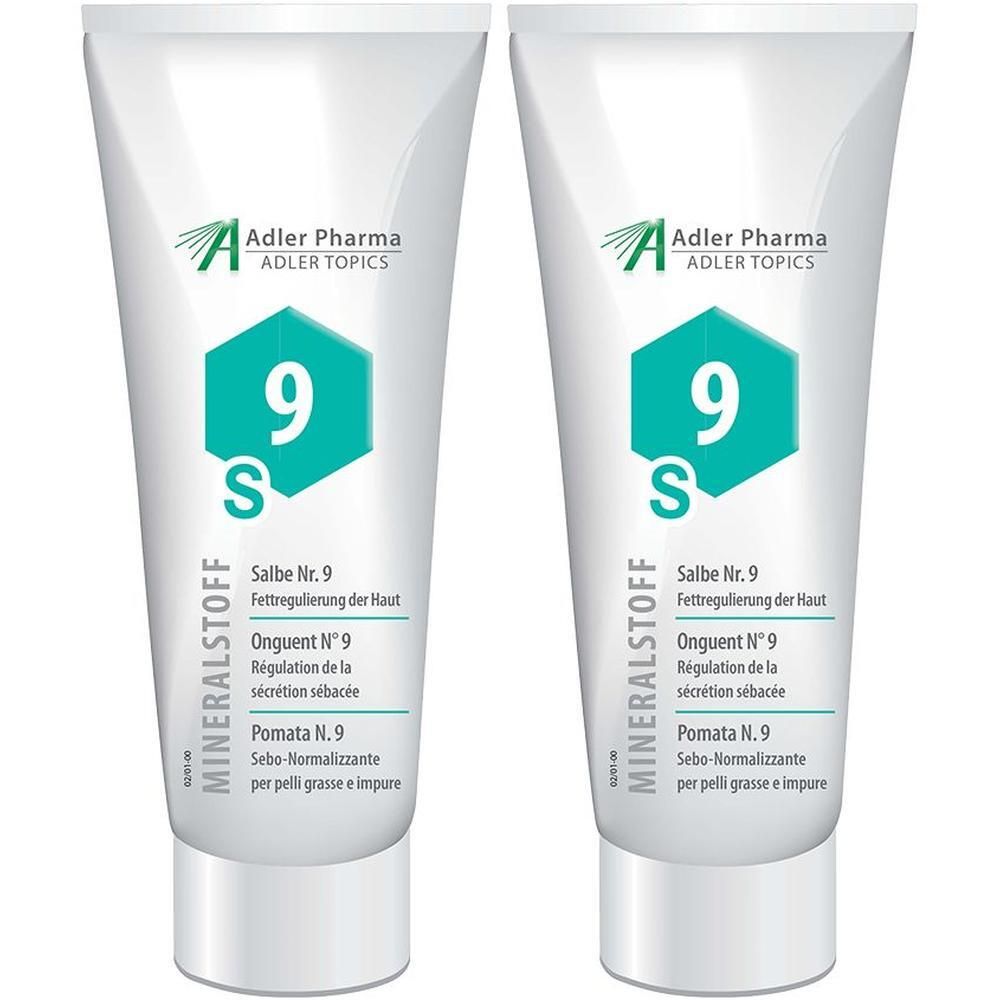 Zwei Tuben MINERALSTOFF Salbe Nr. 9 von Adler Pharma mit Informationen zur Fettregulierung der Haut.