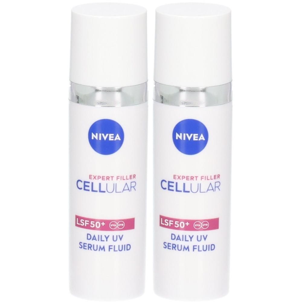 Zwei NIVEA CELLULAR Expert Filler Flaschen mit LSF 50+ Sonnenschutz.