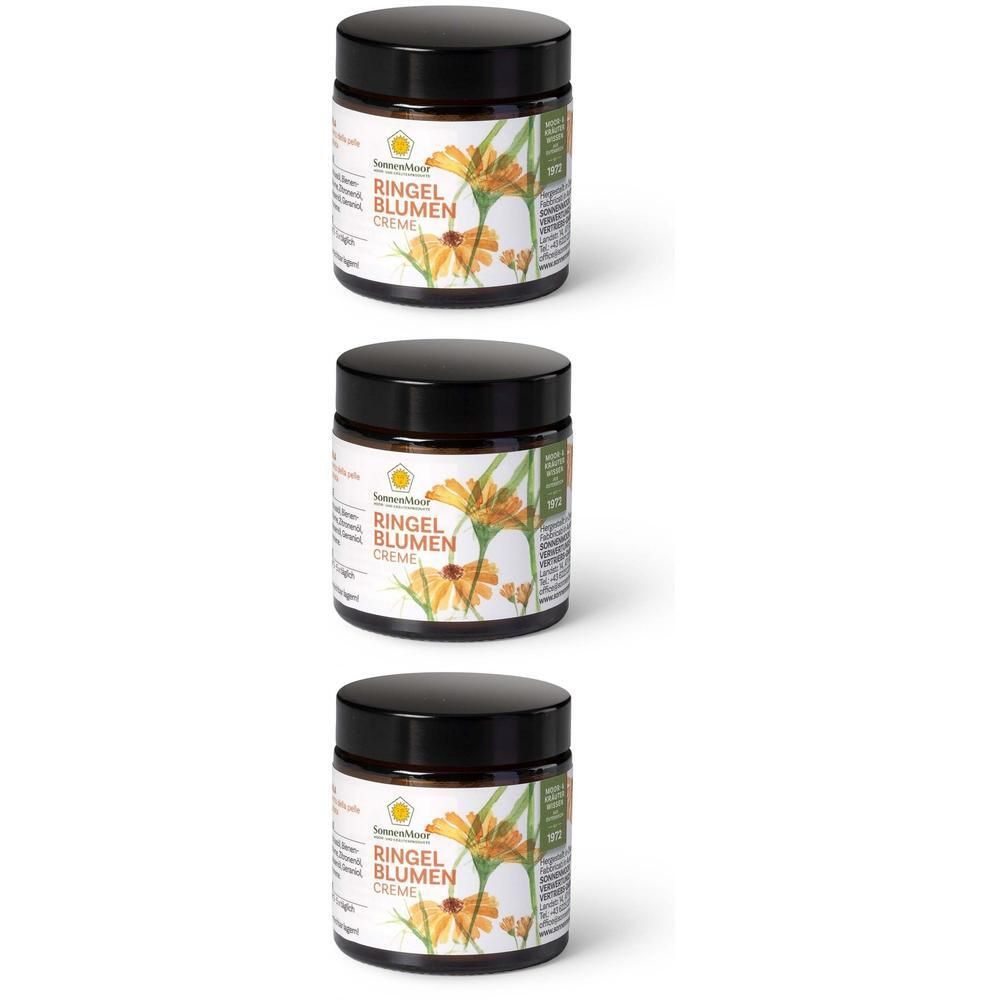Drei Gläser SonnenMoor Ringel Blumen Creme mit schwarzem Deckel und Etikett mit Ringelblumenmotiv.
