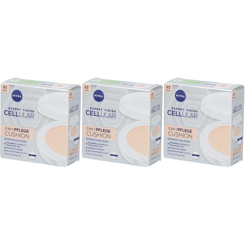 Drei NIVEA CELLULAR Expert Finish 3in1 Pflege Cushion Packungen, Farbton 02.