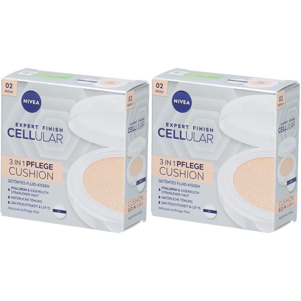 Zwei NIVEA CELLULAR Expert Finish 3in1 Pflege Cushion Mittel Packungen. Getöntes Fluid-Kissen mit Hyaluron & Jugendl. Haut.
