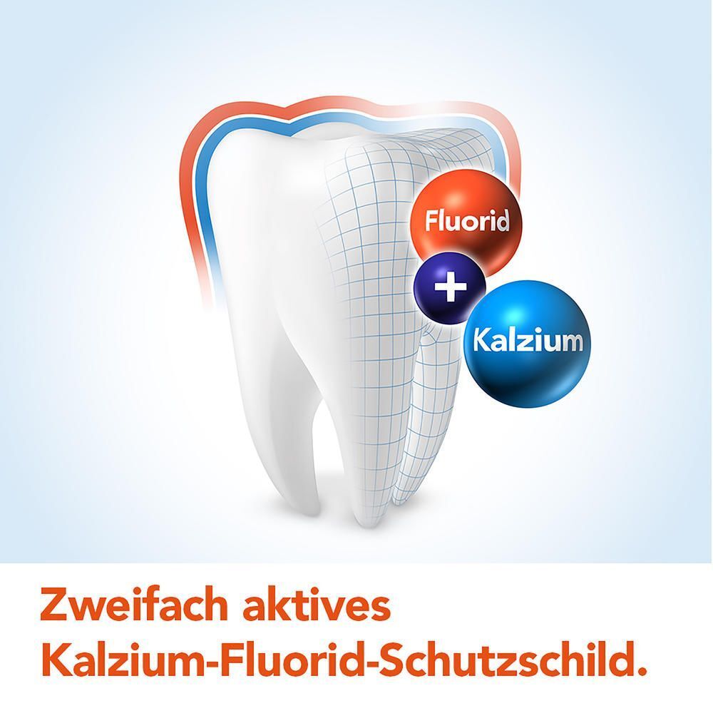 Grafik eines Zahnes mit Symbolen für Fluorid und Kalzium, die ein Schutzschild bilden.