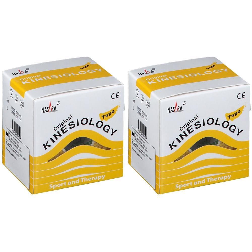 Zwei Packungen NASARA Kinesiologie-Tape, gelb. Beschriftung: Original Kinesiology Tape, Sport and Therapy.