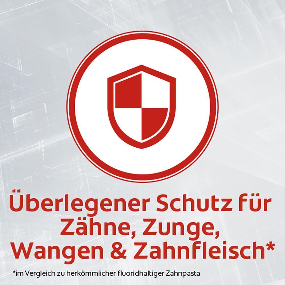 Symbol für überlegenen Schutz für Zähne, Zunge, Wangen und Zahnfleisch.