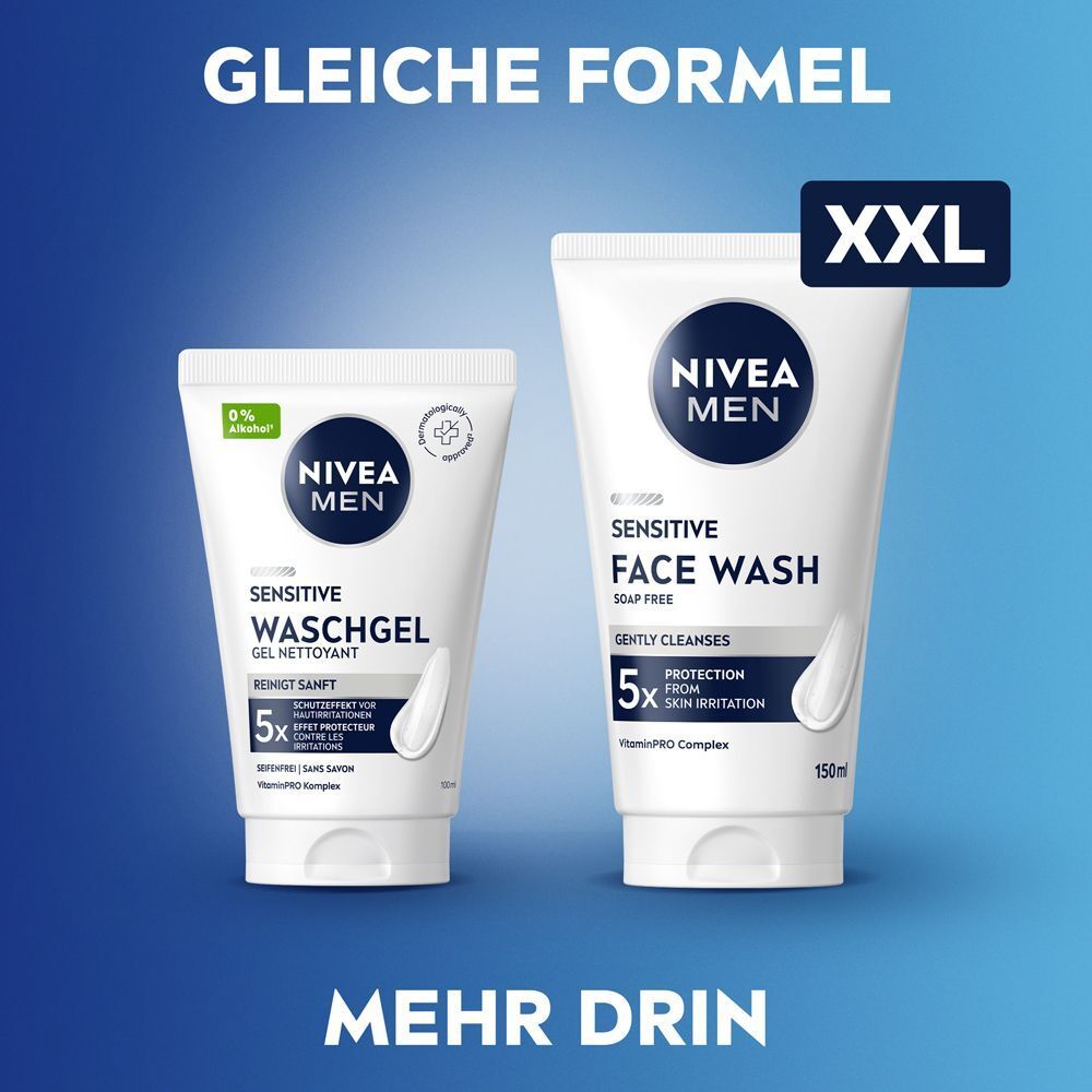 Vergleich von zwei Größen NIVEA MEN Sensitive Waschgel und Gesichtswaschgel.
