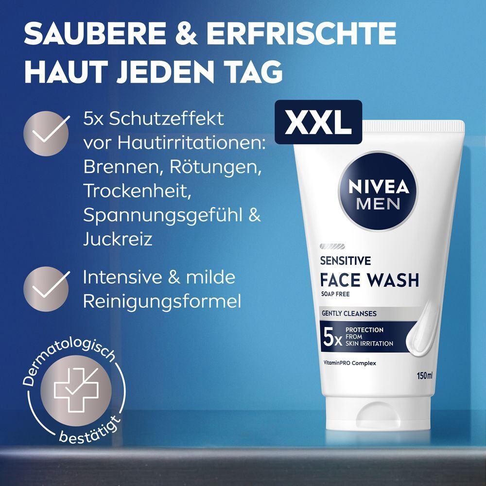 Eine Tube NIVEA MEN Sensitive Gesichtsreinigung, XXL-Format. Dermatologisch bestätigt.