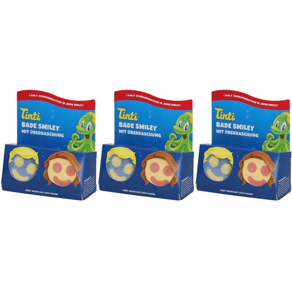 Drei Packungen Tinti Bade Smiley mit Überraschung. Zwei Badekugeln pro Packung, eine mit gelben Haaren, eine mit braunen Haaren.