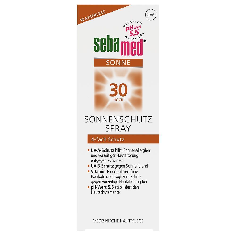 Eine Flasche sebamed® Sonnenschutz Spray LSF 30 mit orangefarbenem Sprühkopf und detaillierter Vorderseitenbeschriftung.